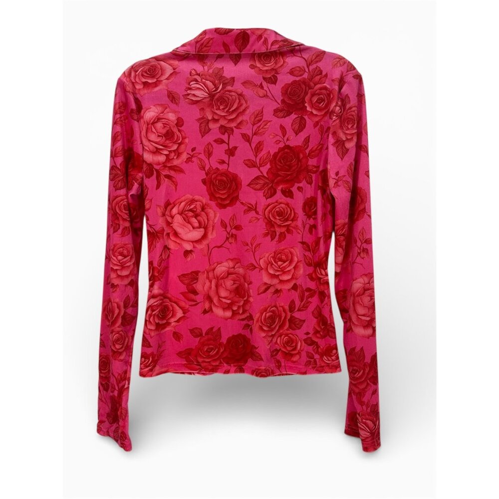 NWT Y2K Pink Rose Floral Ruched Peplum Blouse Coquette L 🌹 - Picture 2 of 7